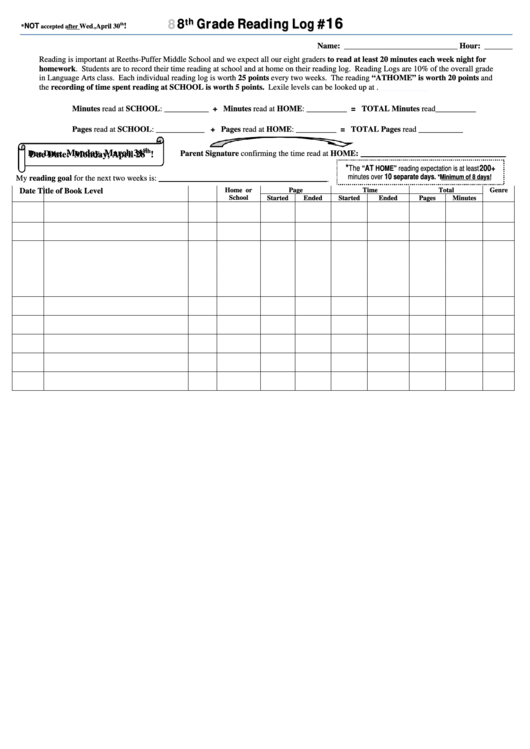 8th Grade Reading Log 16 Sheet Printable pdf
