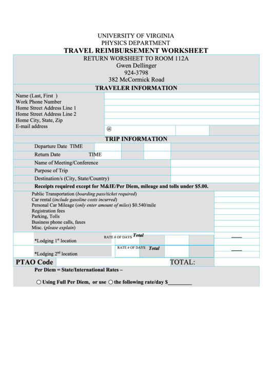 Travel Reimbursement Worksheet Printable pdf