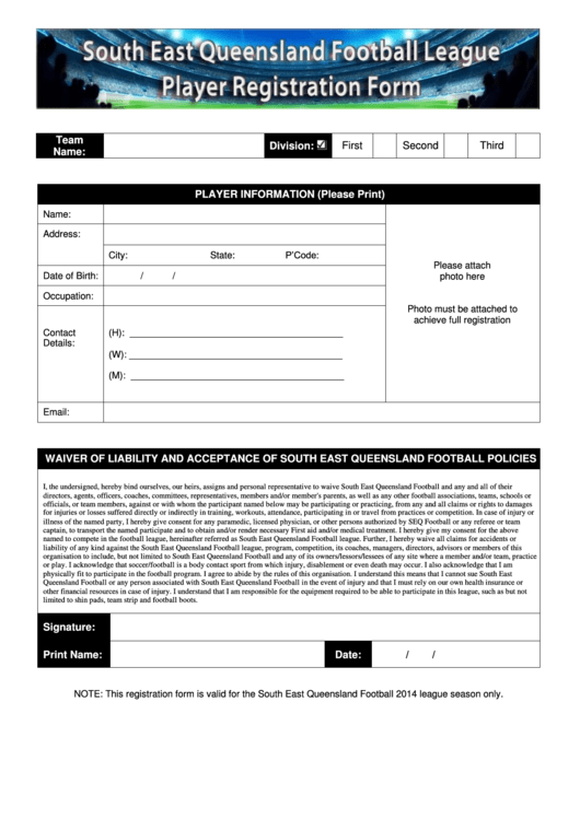 South East Queensland Football League Player Registration Template Printable pdf