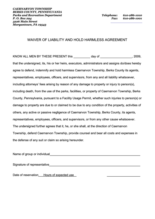 Hold Harmless Agreement Caernarvon Township Printable pdf
