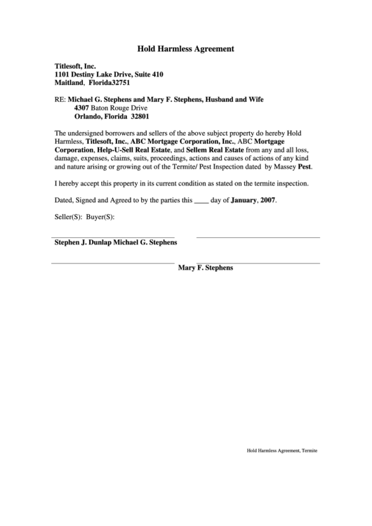 Hold Harmless Agreement Printable pdf