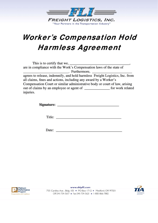Workers Compensation Hold Harmless Agreement Printable pdf