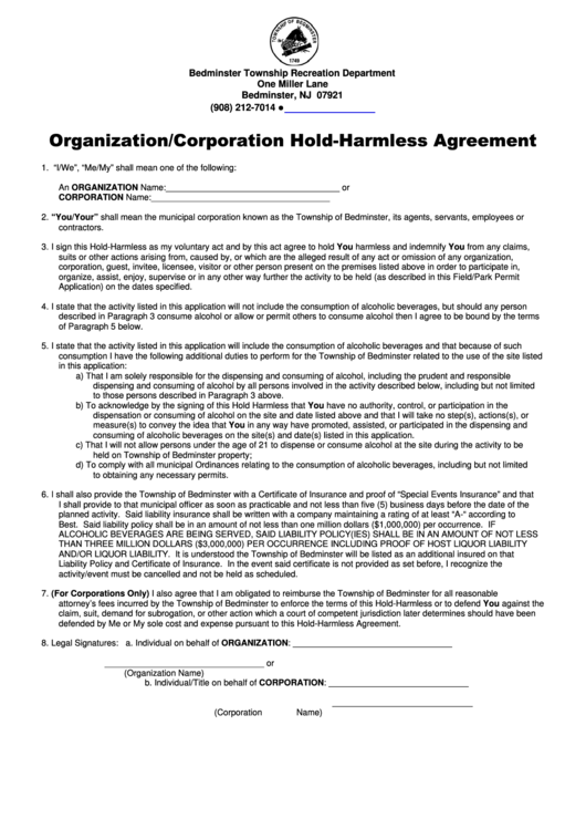 Organization Corporation Hold Harmless Agreement Printable pdf