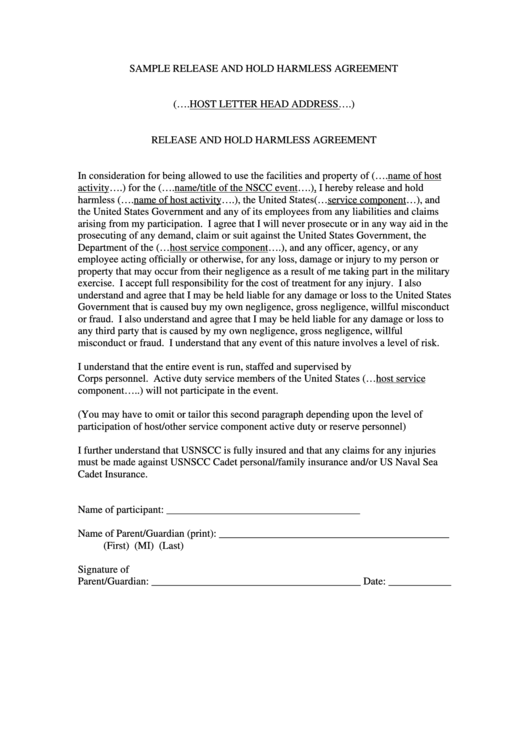 Sample Release And Hold Harmless Agreement Printable pdf