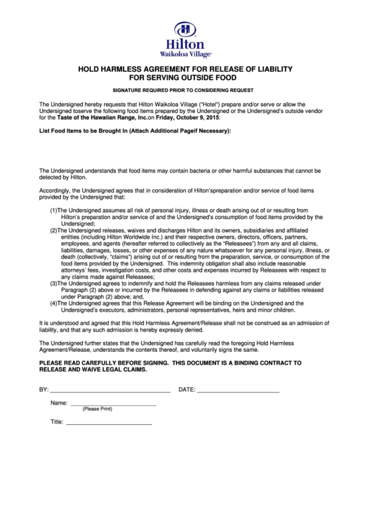 Hold Harmless Agreement For Release Of Liability For Serving Outside Food Printable pdf
