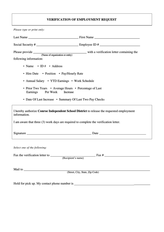 Verification Of Employment Request Form Printable pdf