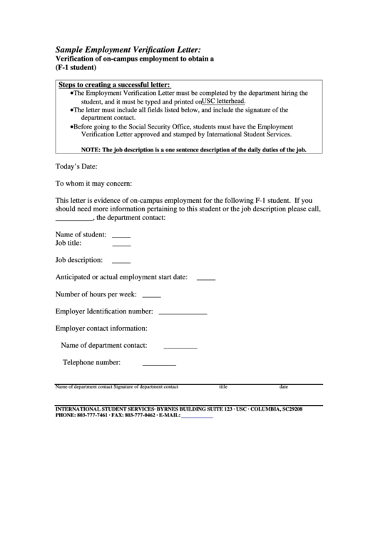 Sample Employment Verification Letter Template Printable pdf