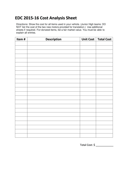 Cost Analysis Sheet Template Printable pdf