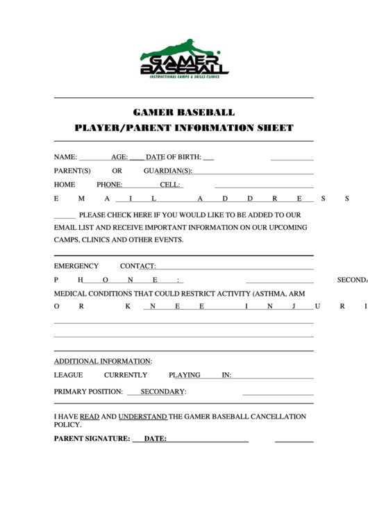 Gamer Baseball Player Parent Information Sheet Printable pdf