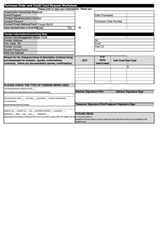 Fillable Purchase Order And Credit Card Request Worksheet Printable pdf