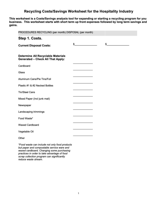 Recycling Costs/savings Worksheet Template Printable pdf