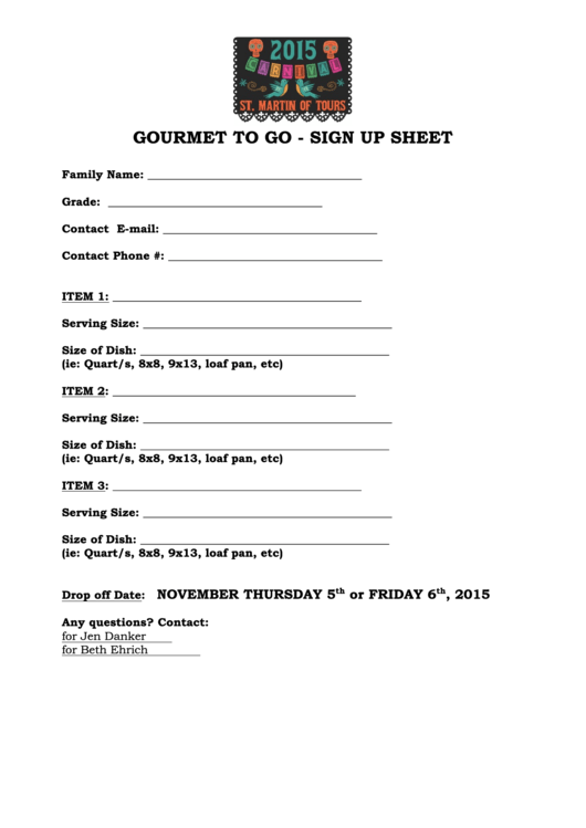 Gourmet To Go Sign Up Sheet Printable pdf