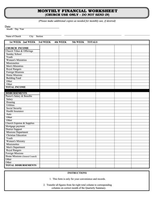 Monthly Financial Worksheet