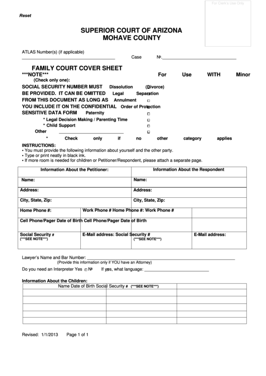 Fillable Family Court Cover Sheet For Use With Minor Children - Superior Court Of Mohave County, Arizona Printable pdf