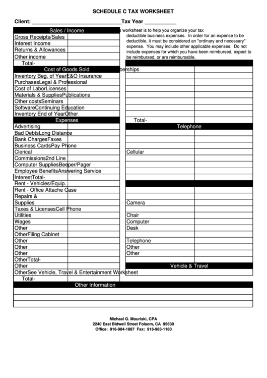 Schedule C Tax Worksheet Printable pdf