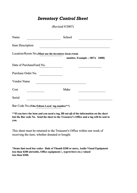Inventory Control Sheet - Edison Local School District Printable pdf