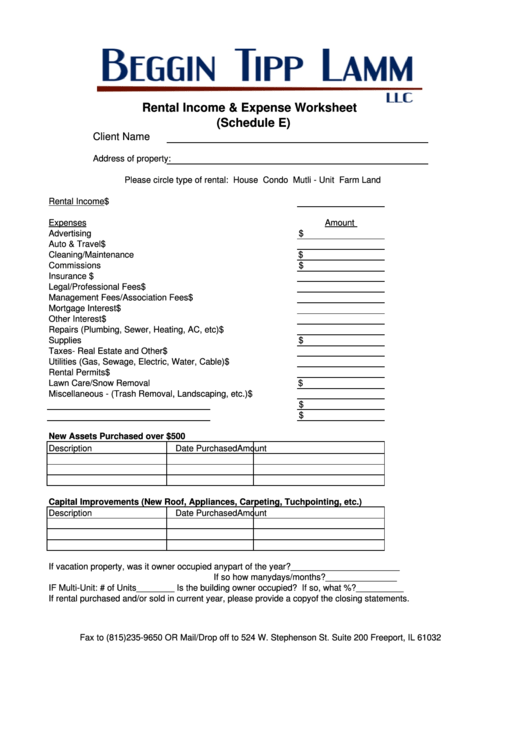 Rental Income Expenses Worksheet 2011 - Beggin Tipp Lamm Llc Printable pdf