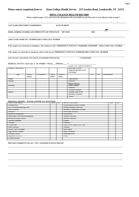 Student Health Record Siena College Printable pdf