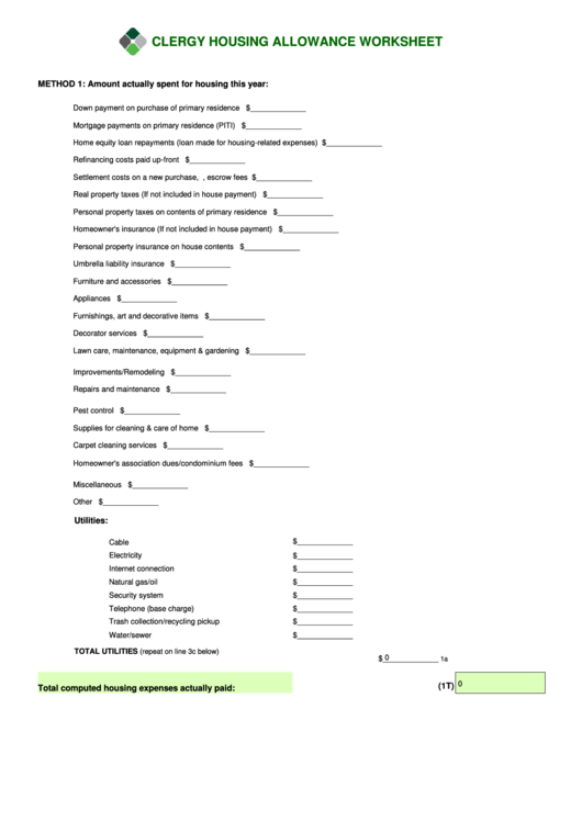 Fillable Clergy Housing Allowance Worksheet Printable pdf