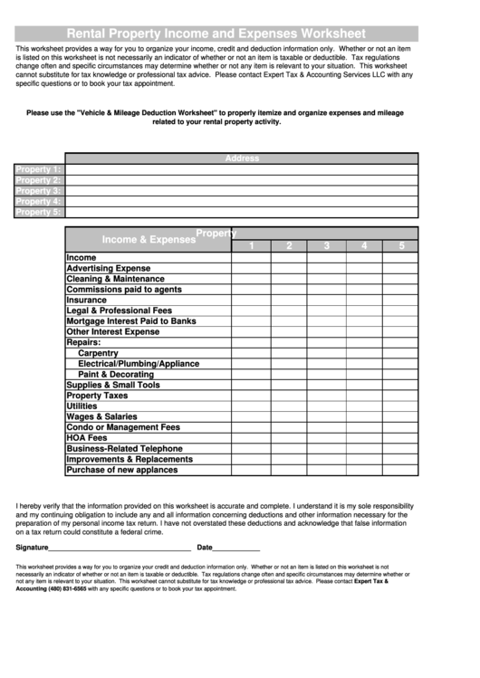 Rental Property Income And Expenses Worksheet Printable Pdf Download