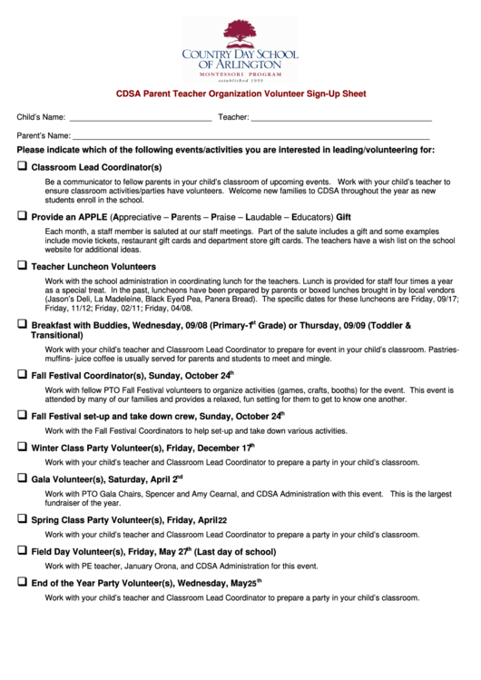 Cdsa Parent Teacher Organization Volunteer Sign Up Sheet Printable pdf