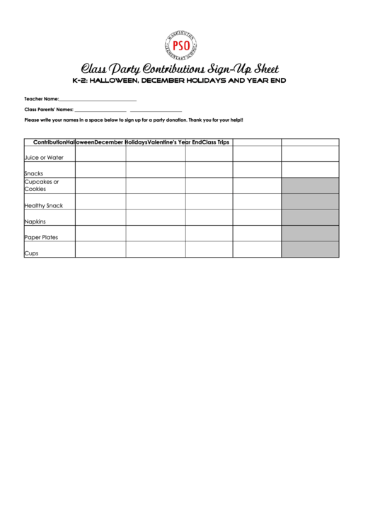Class Party Contributions Sign Up Sheet Printable pdf