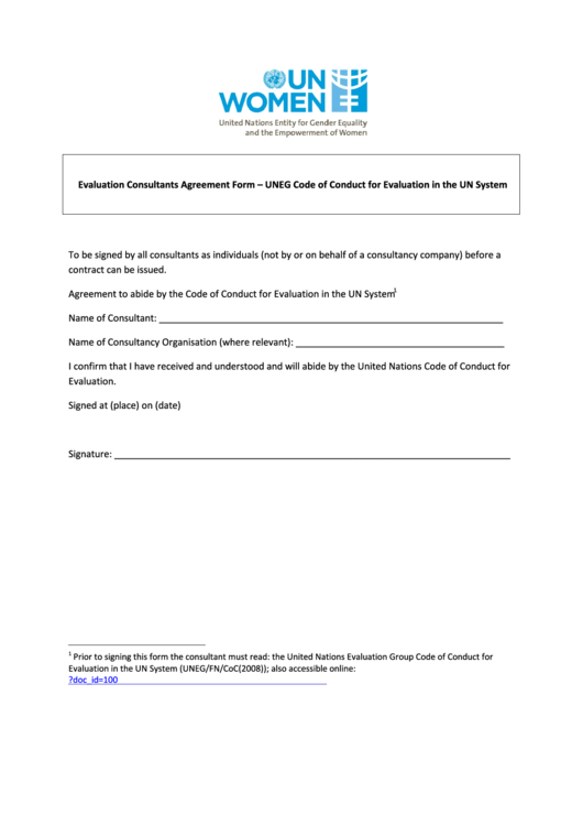 Un Women Evaluation Consultants Agreement Form Printable pdf