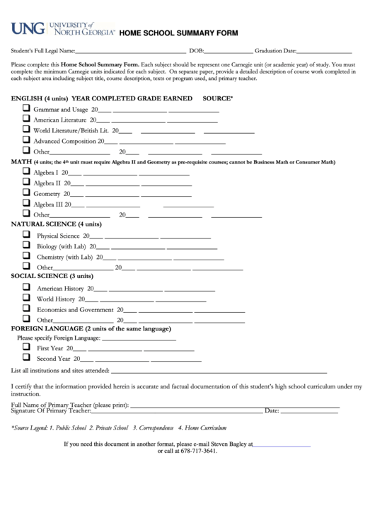 Home School Summary Form Printable pdf