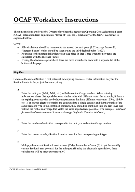 Ocaf Worksheet Instructions Printable pdf