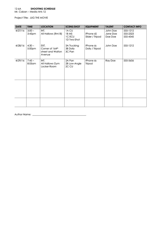 Shooting Schedule Template Printable pdf
