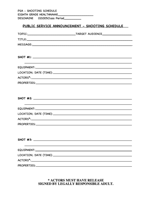 Public Service Announcement - Shooting Schedule Template Printable pdf