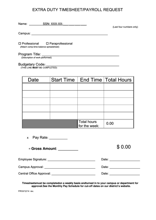 Fillable Extra Duty Time Sheet Payroll Request Printable pdf