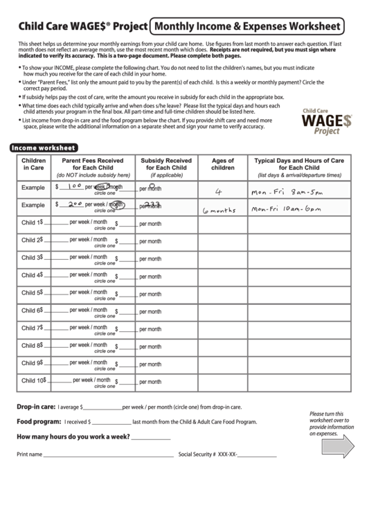Child Care Wage Project Monthly Income/expenses Worksheet Printable pdf