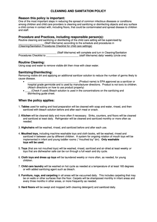 Cleaning And Sanitation Policy Template Printable pdf