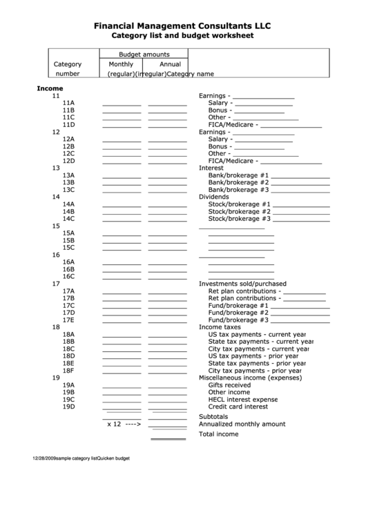 Category List And Budget Worksheet
