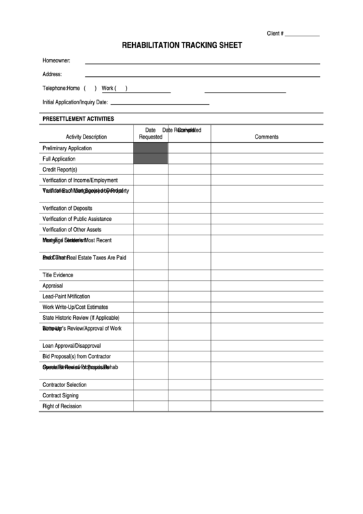 Rehabilitation Tracking Sheet Printable pdf