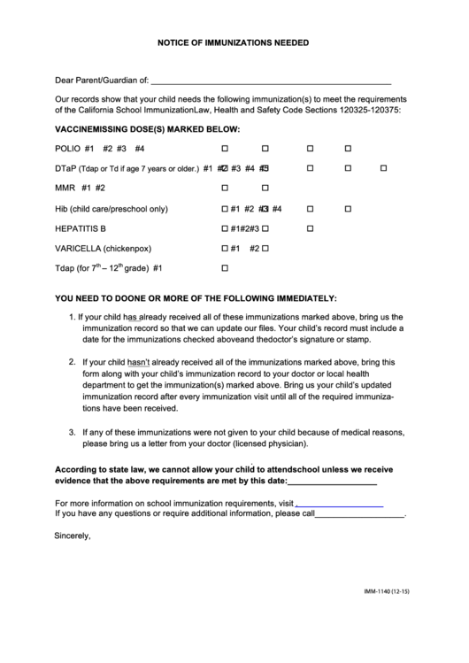 Fillable Notice Of Immunizations Needed Printable pdf