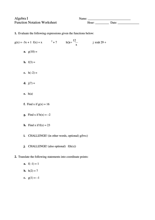 Algebra I Function Notation Worksheet Printable pdf