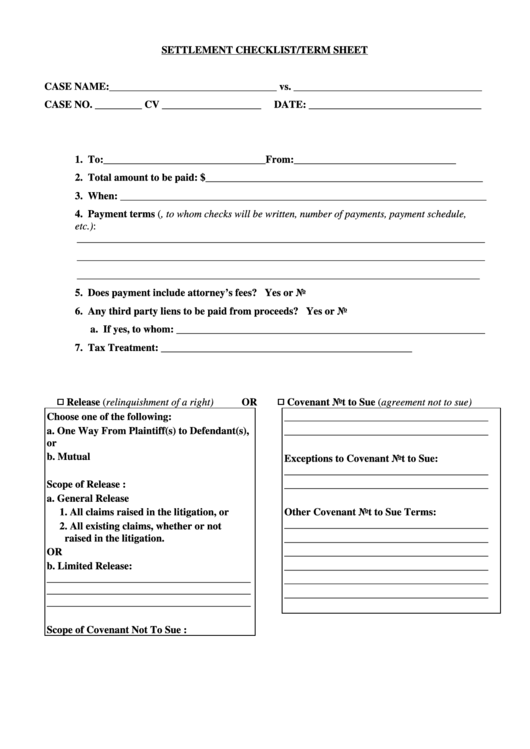 Settlement Checklist Term Sheet - Us District Court Printable pdf