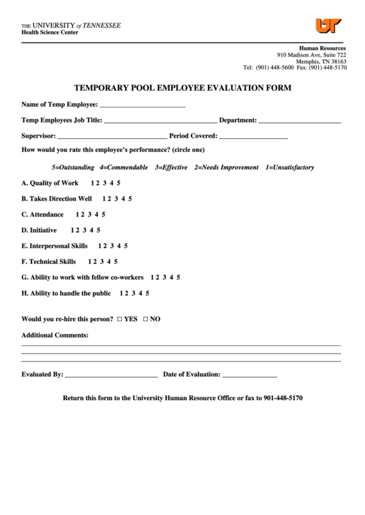 Temporary Pool Employee Evaluation Form Printable pdf