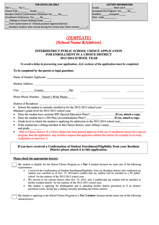 Student Application For Enrollment In A Choice District Printable pdf
