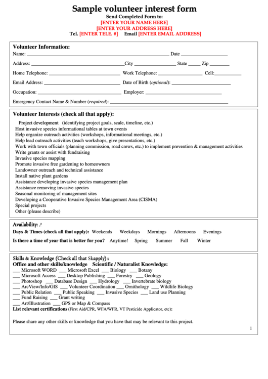 Sample Volunteer Interest Form Printable pdf
