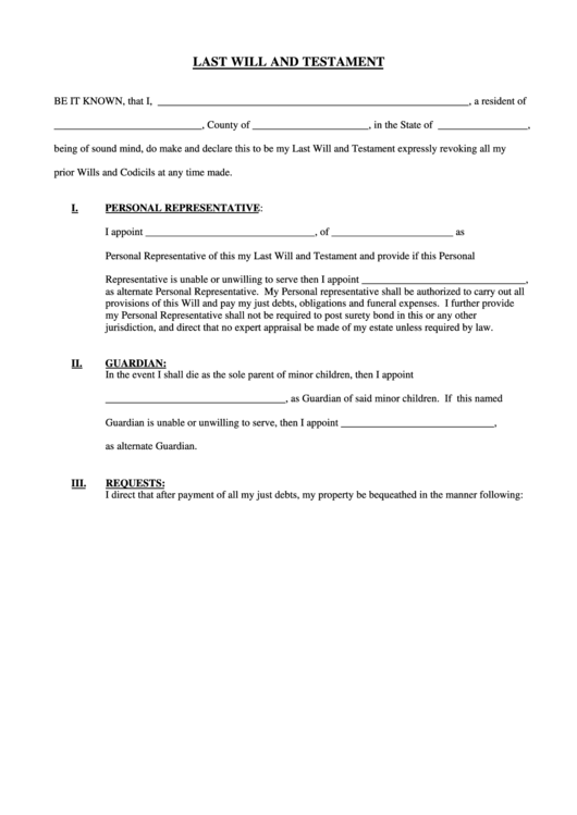 Fillable Last Will And Testament Printable pdf