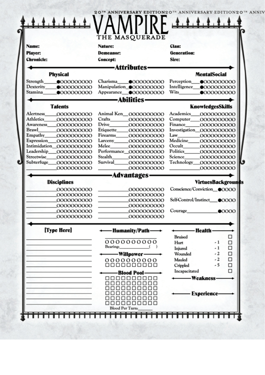 Fillable The Masquerade Interactive Character Sheet Printable pdf