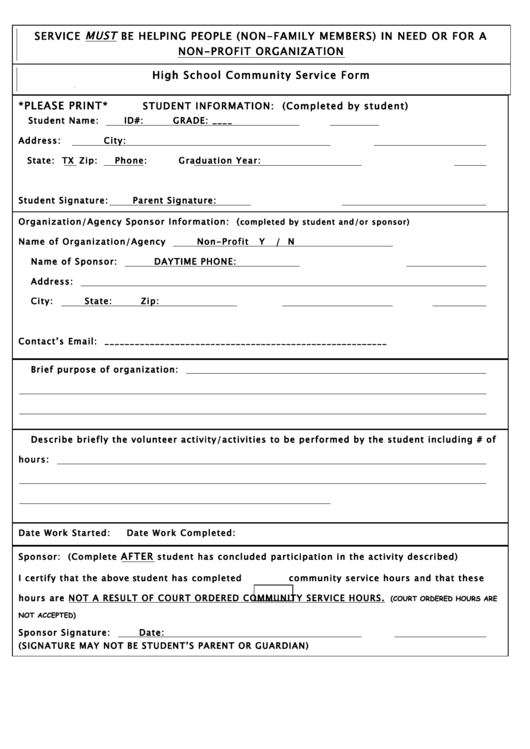 High School Community Service Form Printable pdf
