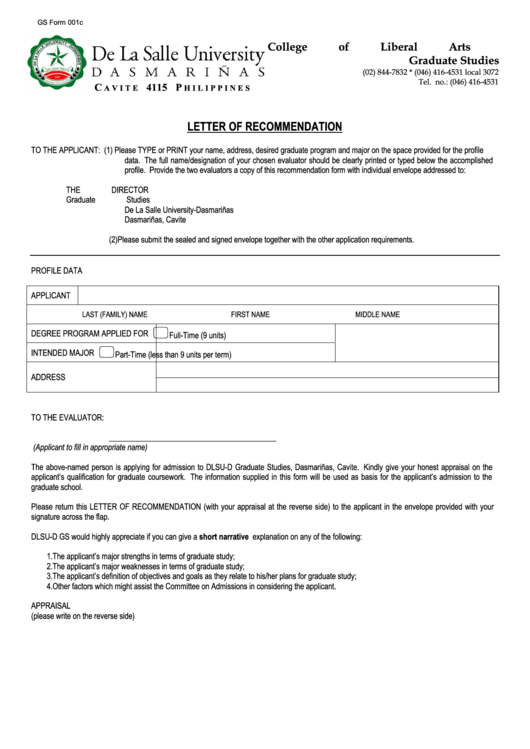 Letter Of Recommendation Printable pdf