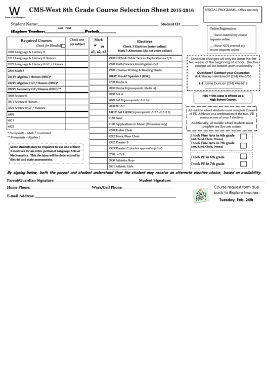 Cms West 8th Grade Course Selection Sheet Printable pdf