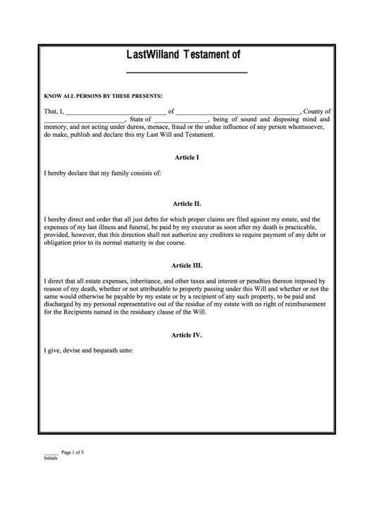 Fillable Last Will And Testament Of ... Printable pdf