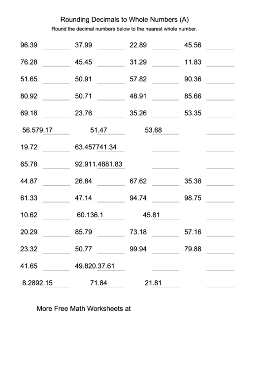Rounding Decimals To Whole Numbers (A) Worksheet Printable pdf