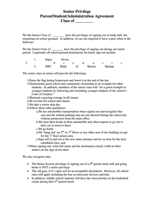 Senior Privilege Parent Student Administration Agreement Class Printable pdf